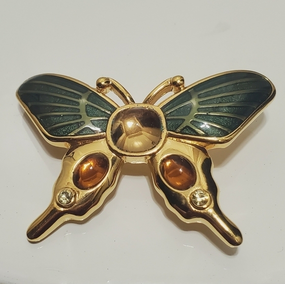 Vintage Monet Glass Cabochon Butterfly Brooch with Green Enamel n Elegant Gold🌴 - Picture 1 of 4